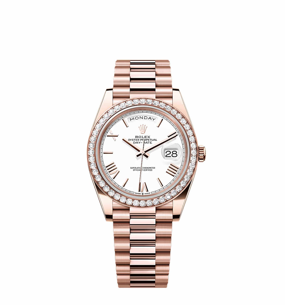 Rolex Day-Date 228235 Rose Gold White Roman Dial Diamond Bezel - View 3