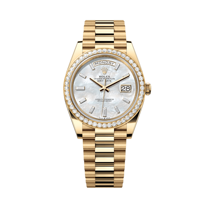 Rolex Day-Date 228348RBR Yellow Gold Diamond Bezel Baguette Mother of Pearl Dial - View 3
