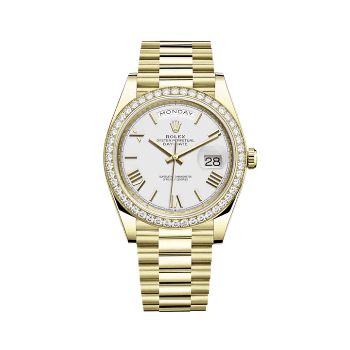 Rolex Day-Date 228348RBR Yellow Gold Diamond Bezel White Dial - View 2