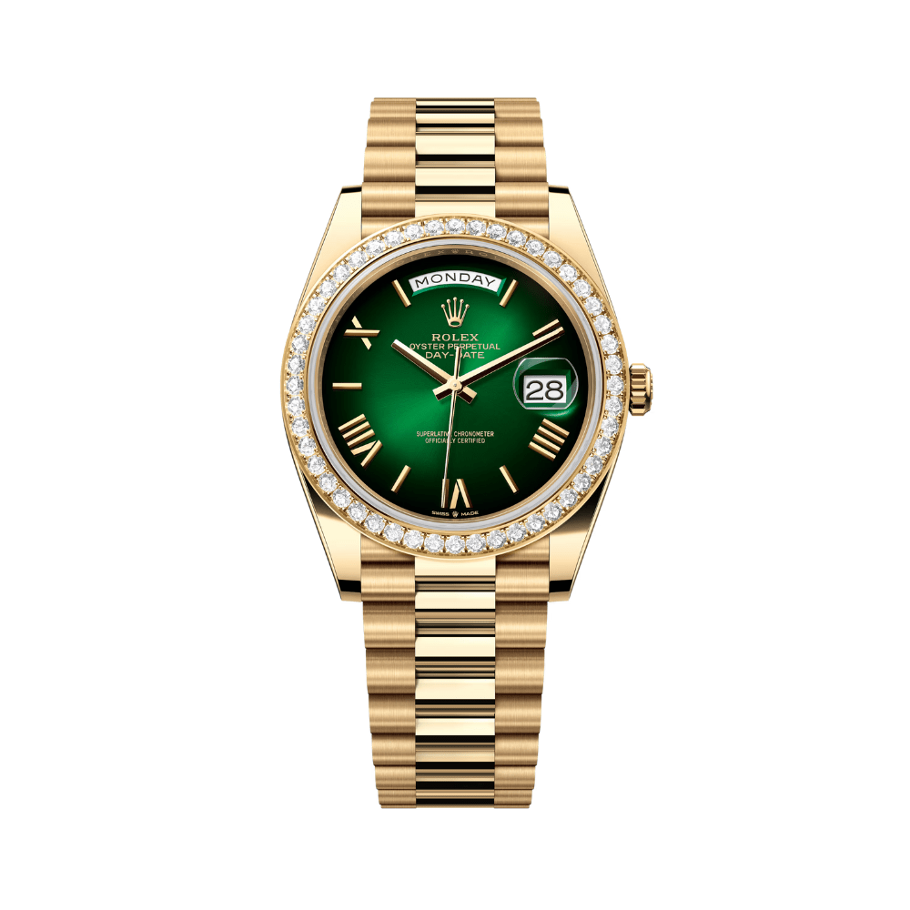 Rolex Day-Date 228348RBR Yellow Gold Green Ombre Roman Numeral Dial Diamond Bezel - View 3