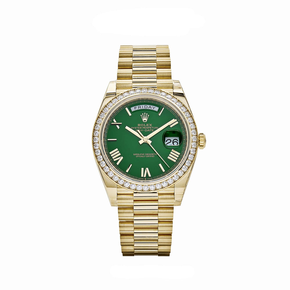Rolex Day-Date 228348RBR Yellow Gold Green Roman Numeral Dial Diamond Bezel (2024) - View 13