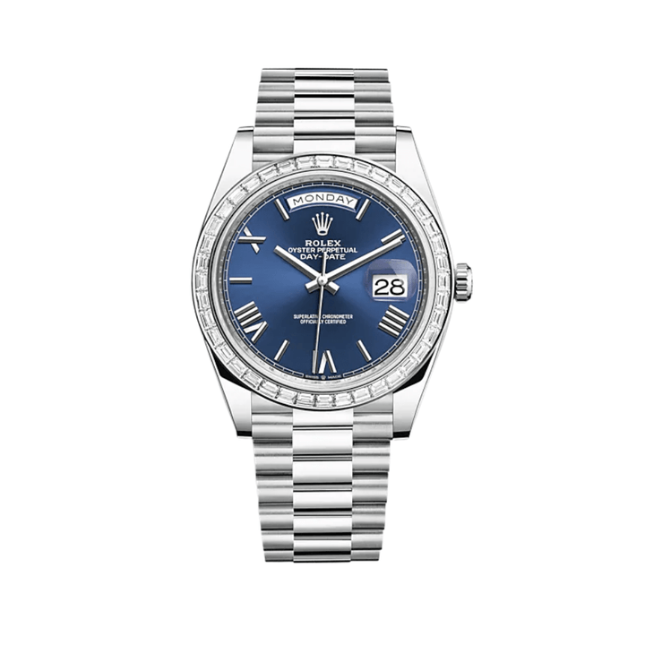 Rolex Day-Date 228396TBR Platinum Diamond Bezel Blue Dial - View 2