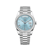 Rolex Day-Date 228396TBR Platino Bisel de Diamantes Esfera Azul Glaciar Números Romanos