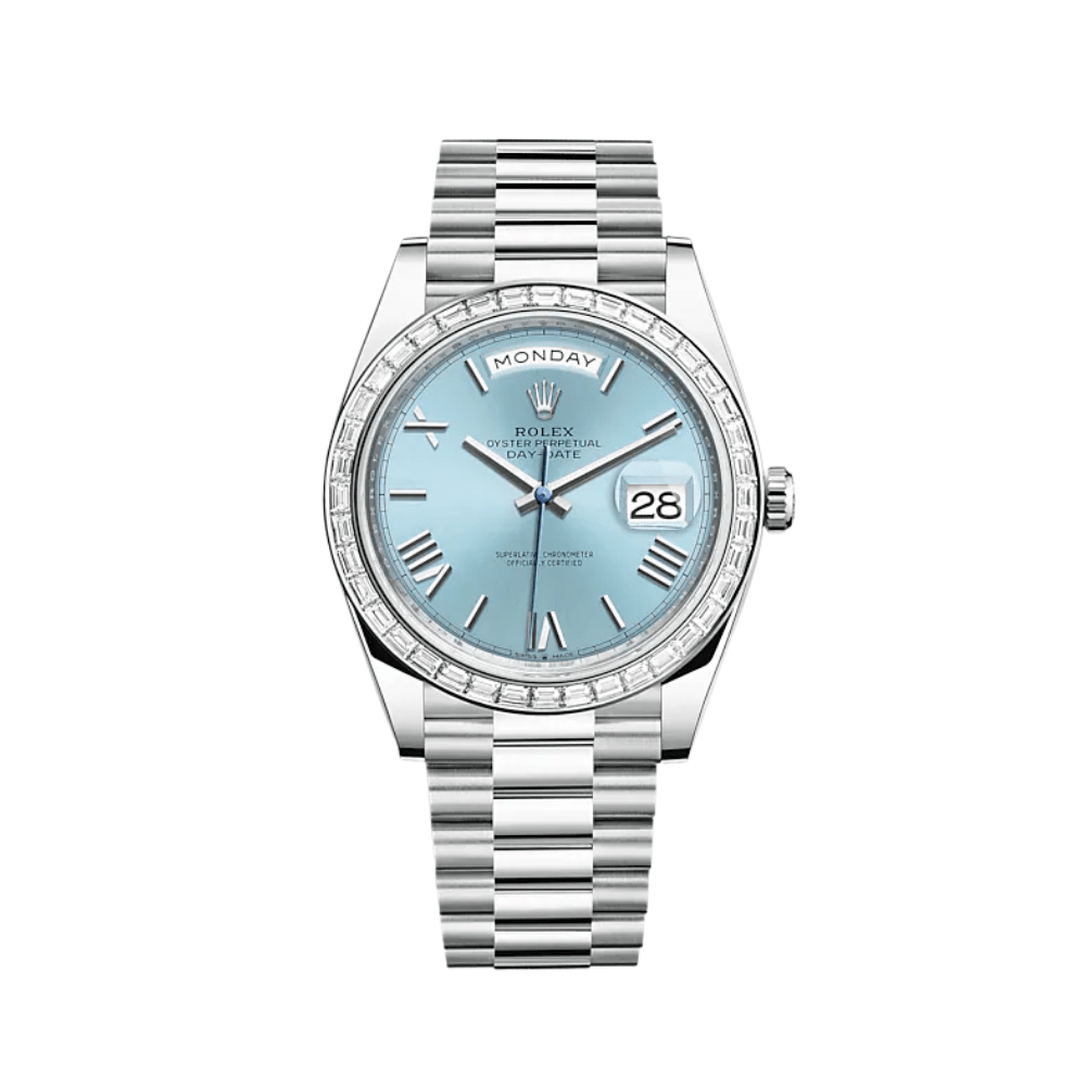 Rolex Day-Date 228396TBR Platinum Diamond Bezel Ice Blue Roman Dial - View 2