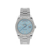 Rolex Day-Date 228396TBR Platino Bisel de Diamantes Esfera Azul Glaciar con Diamantes