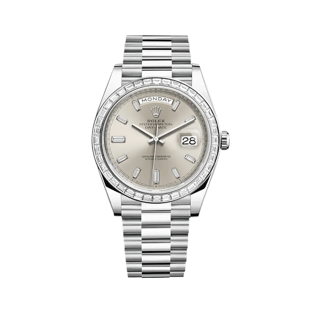 Rolex Day-Date 228396TBR Platinum Diamond Bezel Silver Diamond Dial - View 2