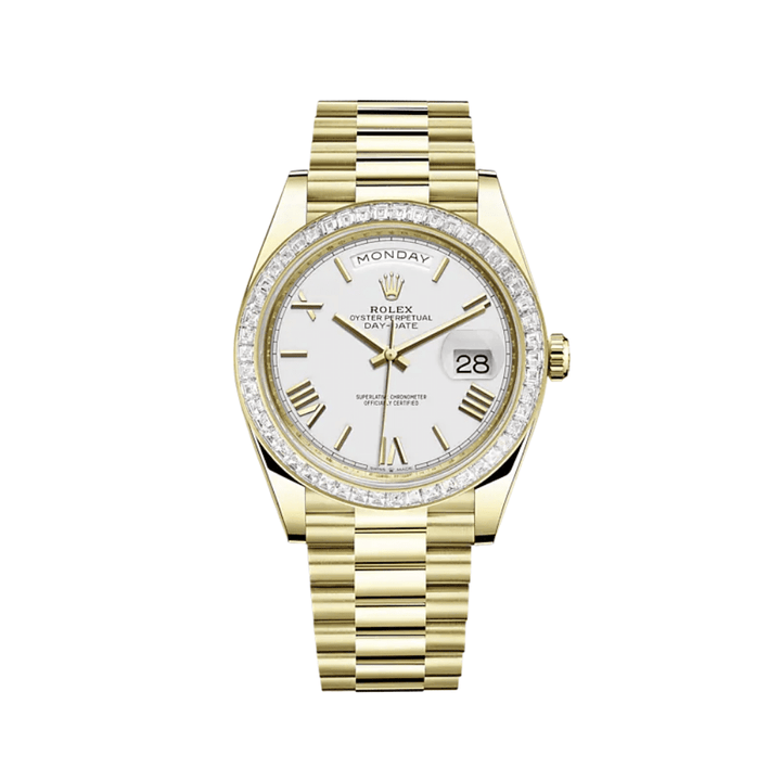 Rolex Day-Date 228398TBR Yellow Gold Diamond Bezel White Dial - View 2