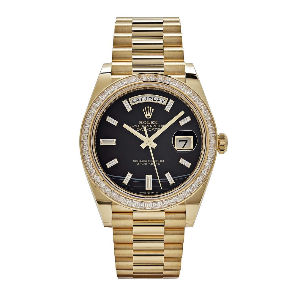Rolex Day-Date 228398TBR Yellow Gold Onyx Baguette Diamond Dial Baguette Bezel (2023) - View 13