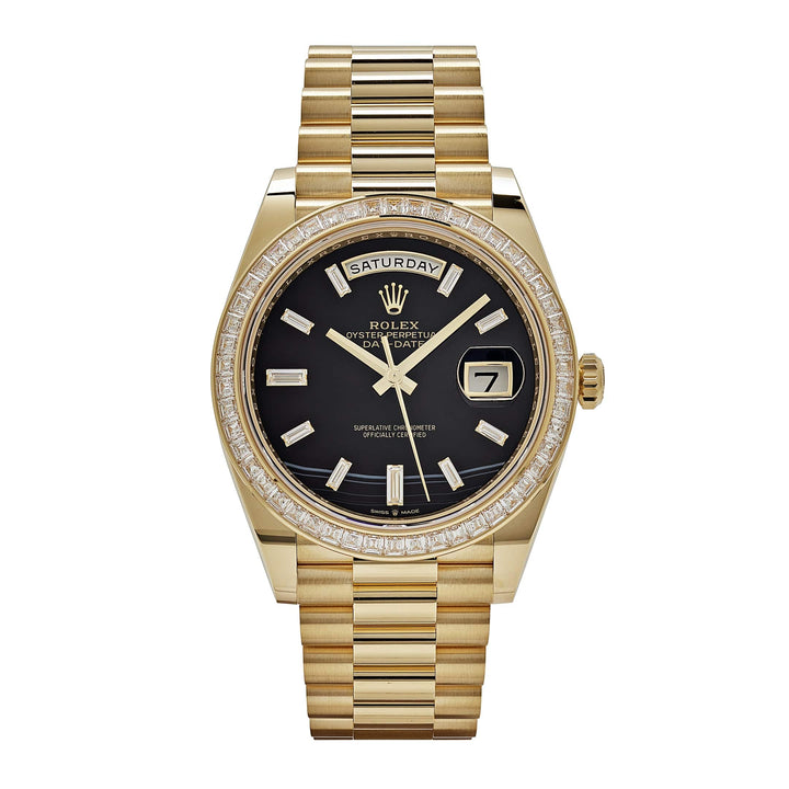 Rolex Day-Date 228398TBR Yellow Gold Onyx Baguette Diamond Dial Baguette Bezel (2023) - View 13