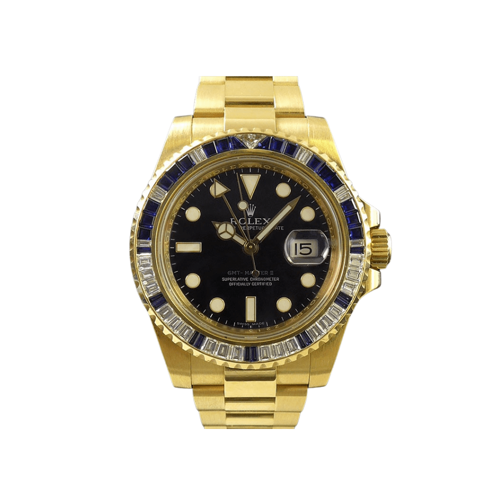 Rolex GMT-Master II 116748SA Yellow Gold Sapphire and Diamond Bezel Black Dial - View 2