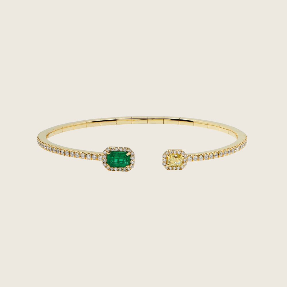 Yellow Diamond and Emerald Flexible Open Bangle - View 3